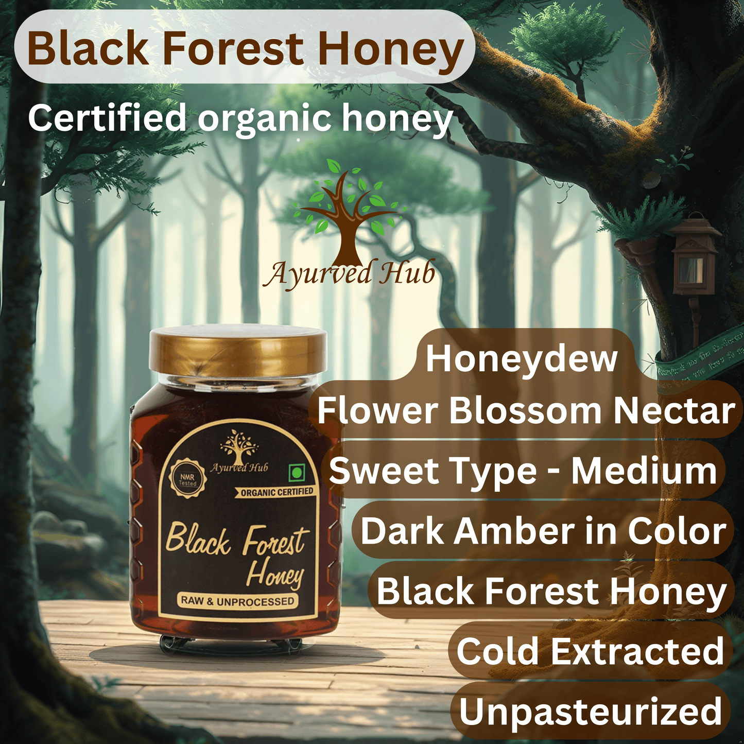 Raw Organic Black Forest Honey 500g | NMR Tested, ISO Certified, Unprocessed, Unpasteurized, Pure & Natural