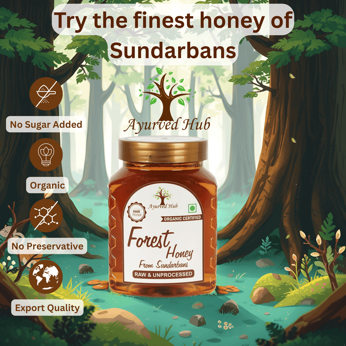 Raw Organic Forest Honey from Sundarbans 500g | NMR Tested, ISO Certified, Unprocessed, Unpasteurized, Pure & Natural