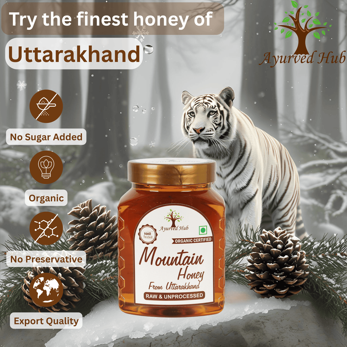 Raw Organic Mountain Honey from Uttarakhand 500g | NMR Tested, ISO Certified, Unprocessed, Unpasteurized, Pure & Natural
