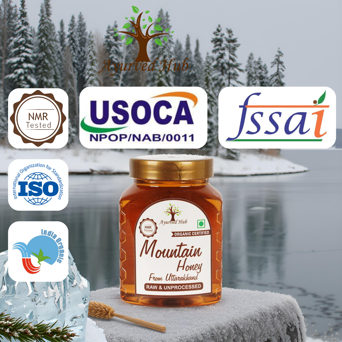 Raw Organic Mountain Honey from Uttarakhand 500g | NMR Tested, ISO Certified, Unprocessed, Unpasteurized, Pure & Natural