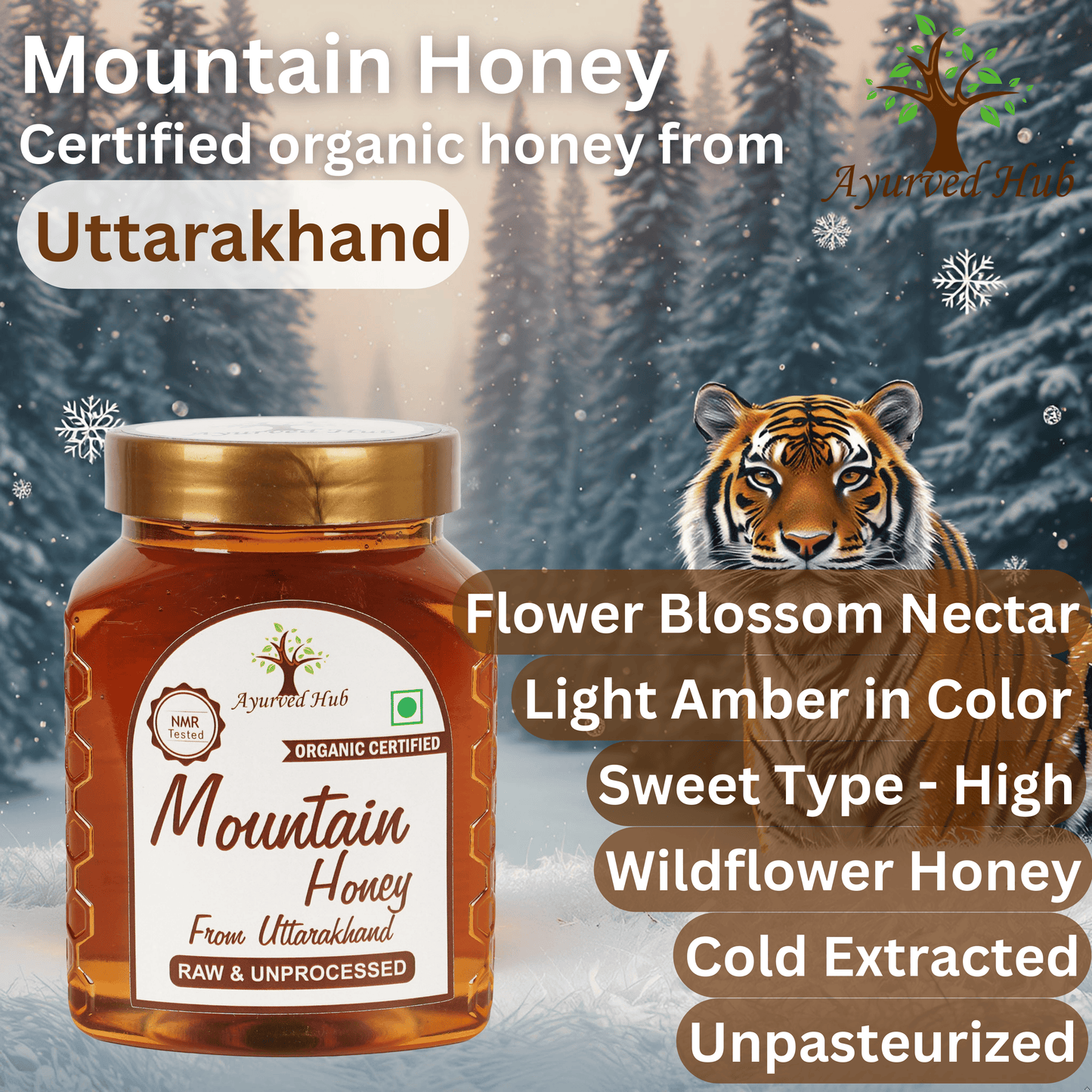 Raw Organic Mountain Honey from Uttarakhand 500g | NMR Tested, ISO Certified, Unprocessed, Unpasteurized, Pure & Natural